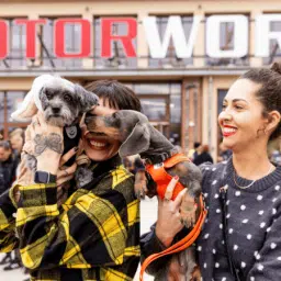 2 Frauen halten jeweils einen Dackel und einen kleinen, grauen Mischlingshund im Arm. Im Hintergrund sieht man den Eingangsbereich der Motorworld in München.